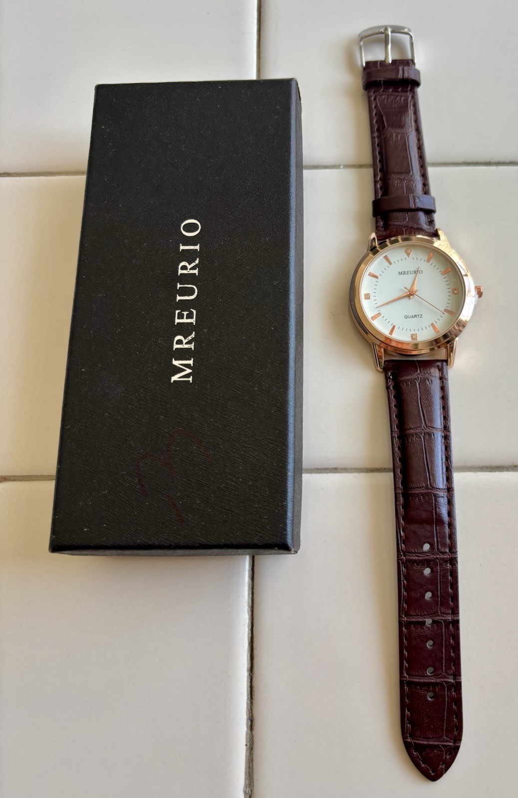 Mens Mreurio Round Rose Gold Tone Brown Leather Band Analog Watch