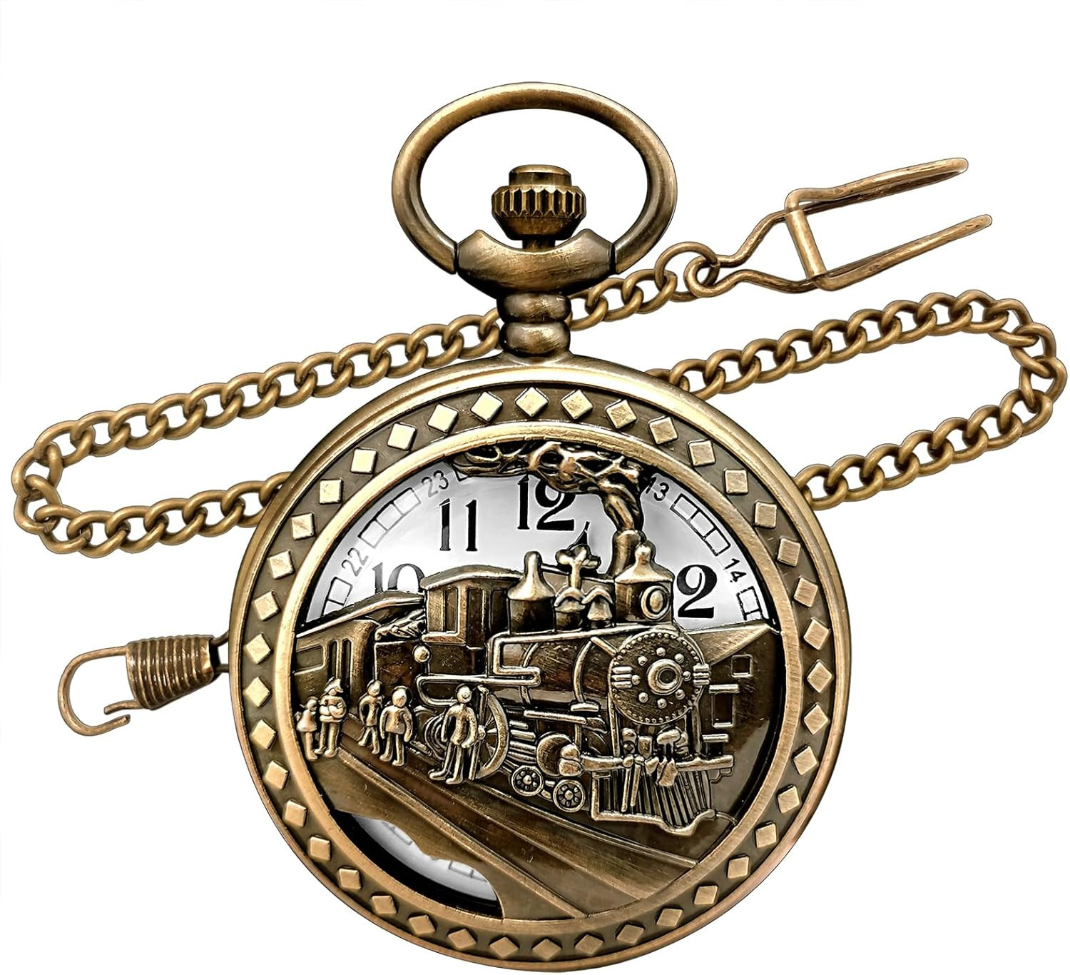 Vintage Bronze Steam Train Mens Quartz Gift Pocket Watch with Chain