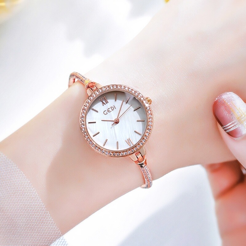 18K Rose Gold Filled Crystal Round Face Adjustable Slide Bracelet Quartz Watch