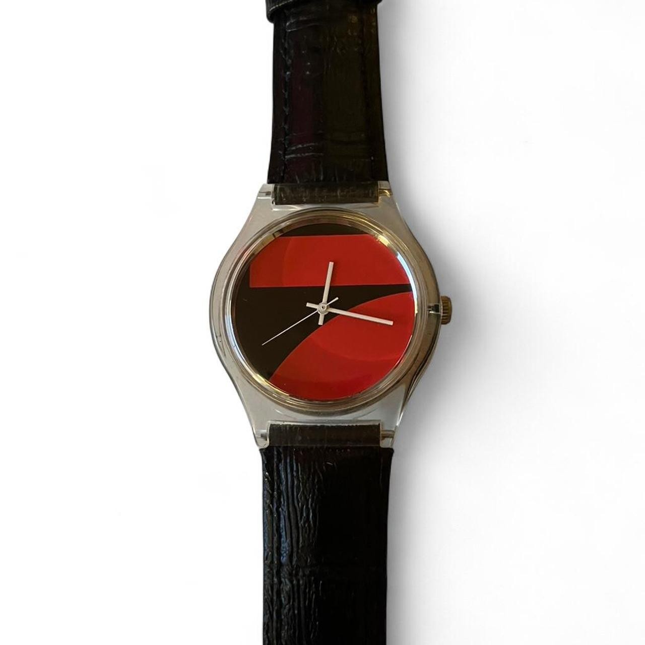Vintage Clear Art Watch – Red & Black Abstract Design – Needs Battery Sold AS IS
