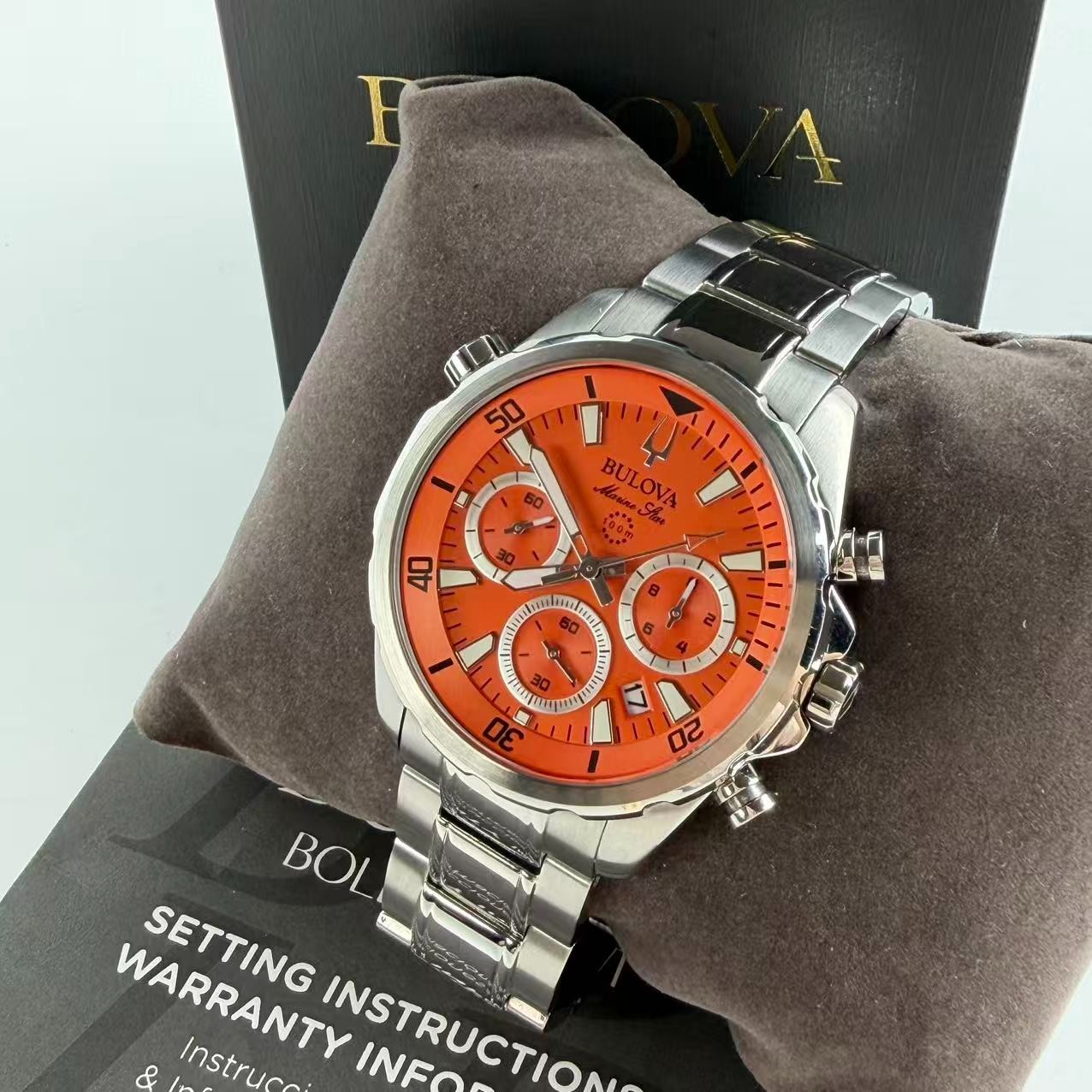 Bulova Marine Star 96B395 Men’s Chronograph Quartz Watch Orange Dial 44 mm