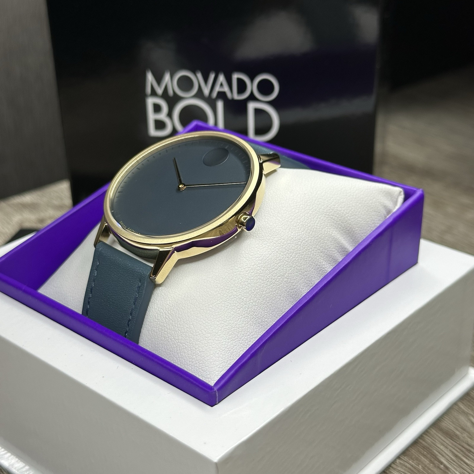 NEW✅SWISS✅ Movado FACE Gray Dial Teal Blue Leather 41mm Gold Men’s Watch 3640124