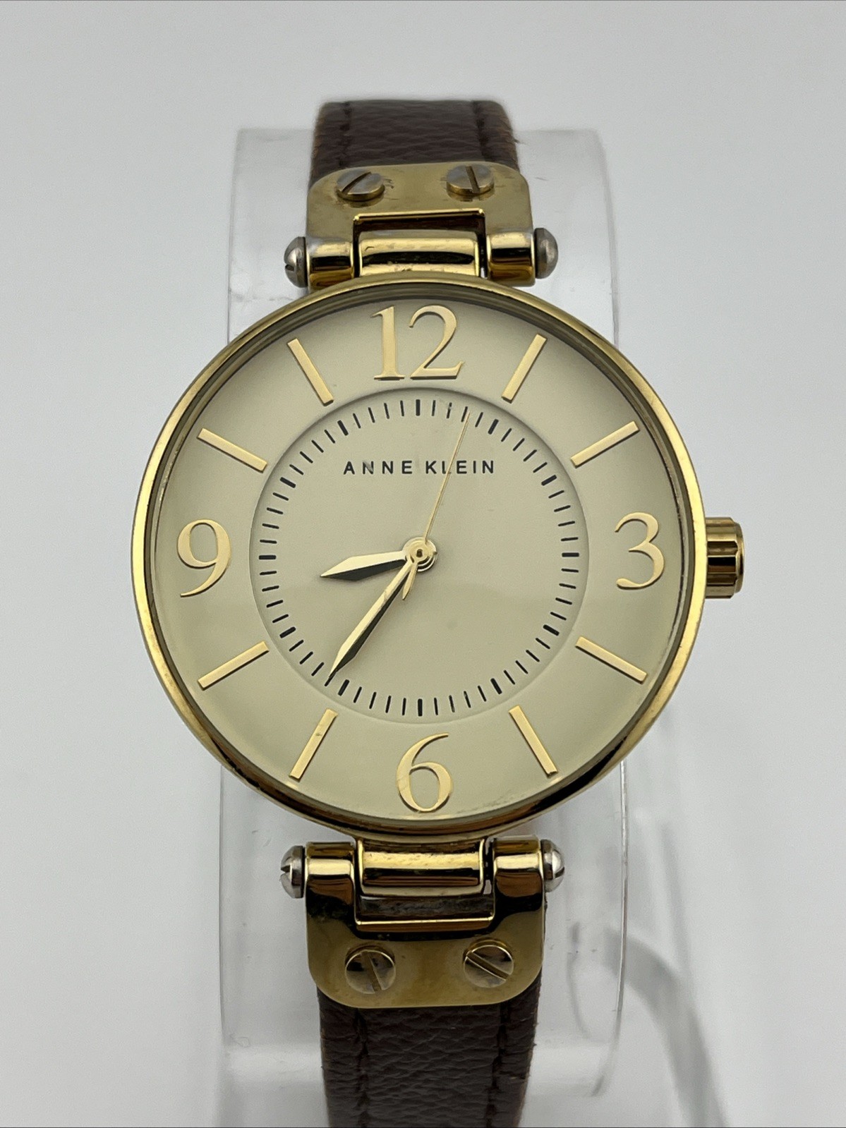 Anne Klein Watch Women 35mm Gold Tone Brown Leather Band 10/9168- New Battery