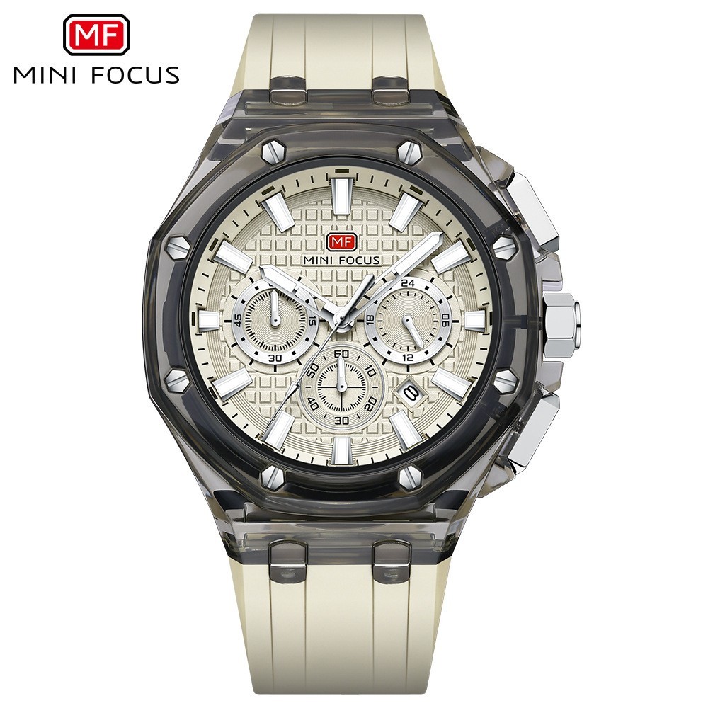 MINI FOCUS Men Transparent Case Multifunction Chronograph Calendar Quartz Watch