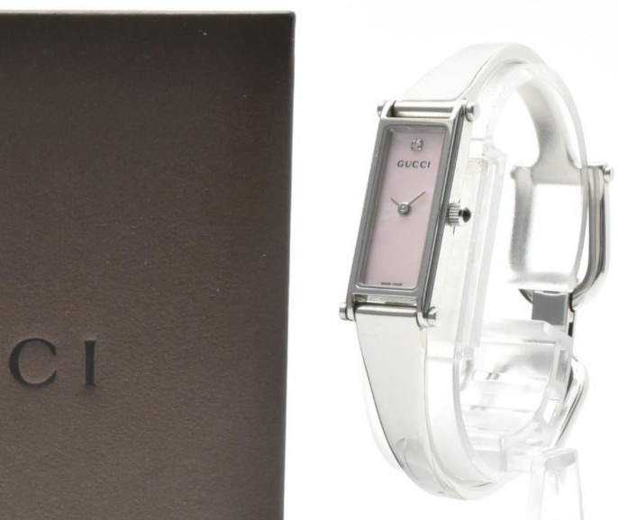 GUCCI 1500L Quartz Women’s Watch Diamond Pink Shell Silver Bangle 12mm Swiss BOX