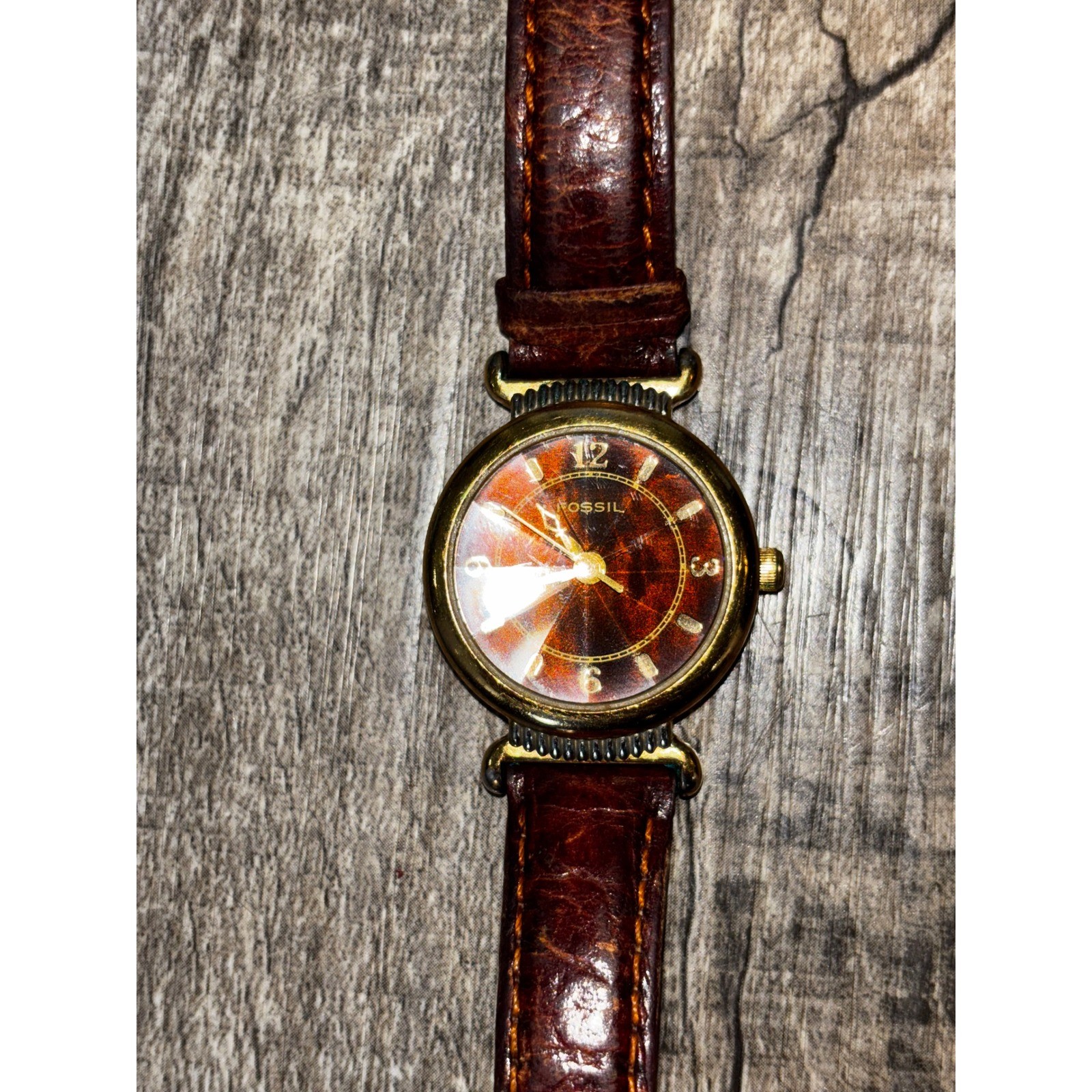Fossil PC-9618 Women Watch Brown Leather Band Gold Tone Tortoise Dial Vintage
