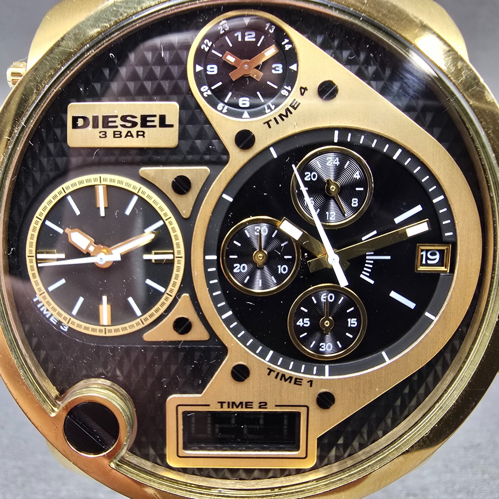 Diesel Mr. Daddy Watch Men 52mm Black Dial Gold Chronograph Digital New Battery
