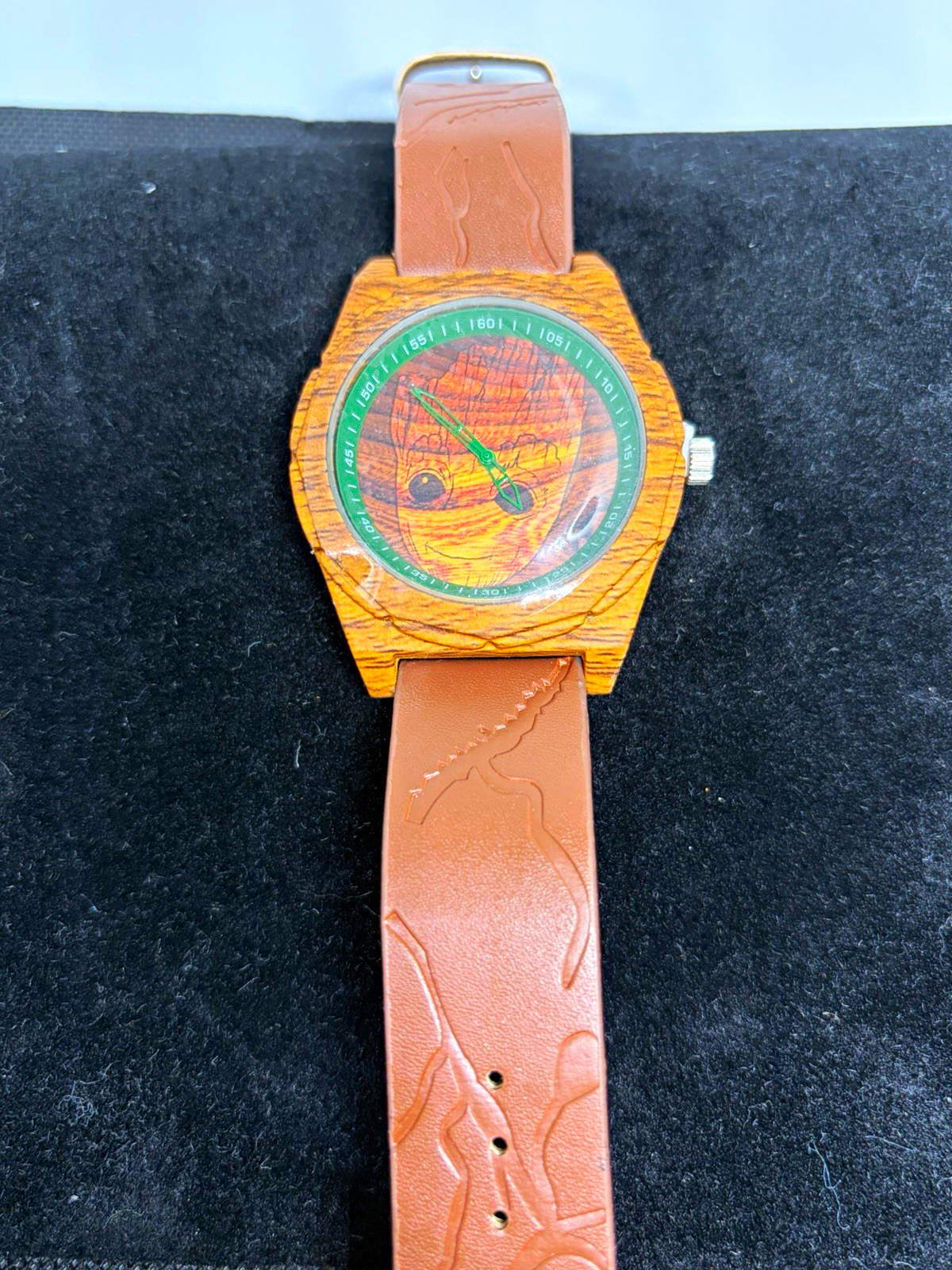 Marvel Groot Wood Case Quartz Analog Watch Brown Leather Strap 35mm Green Bezel