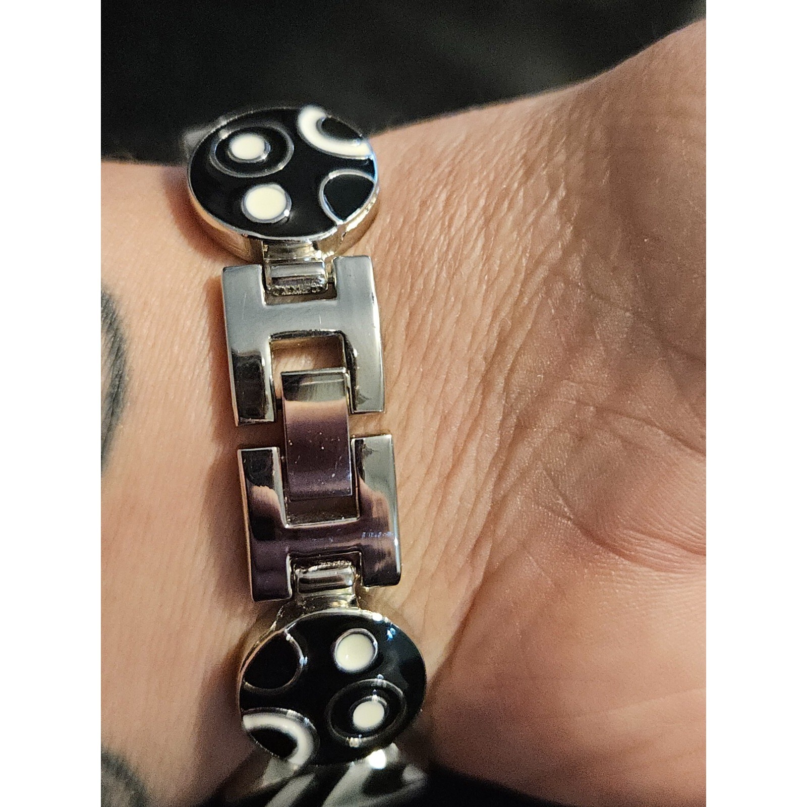 Sophie Black White Mother of Pearl Face Shiny Rhinestone Bracelet Watch Border