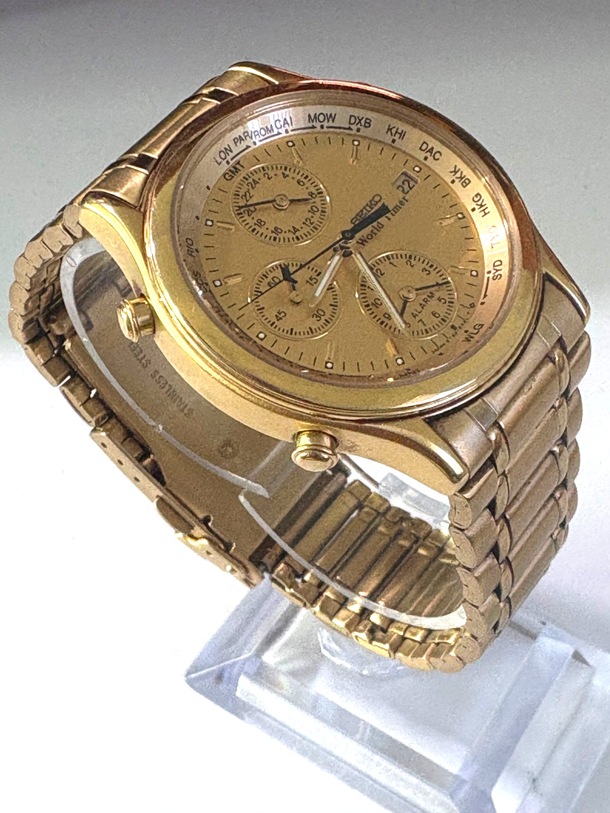 VINTAGE SEIKO WORLD TIMER 5T52-6A29 DUAL TIME ALARM GOLD TONE QUARTZ MENS WATCH