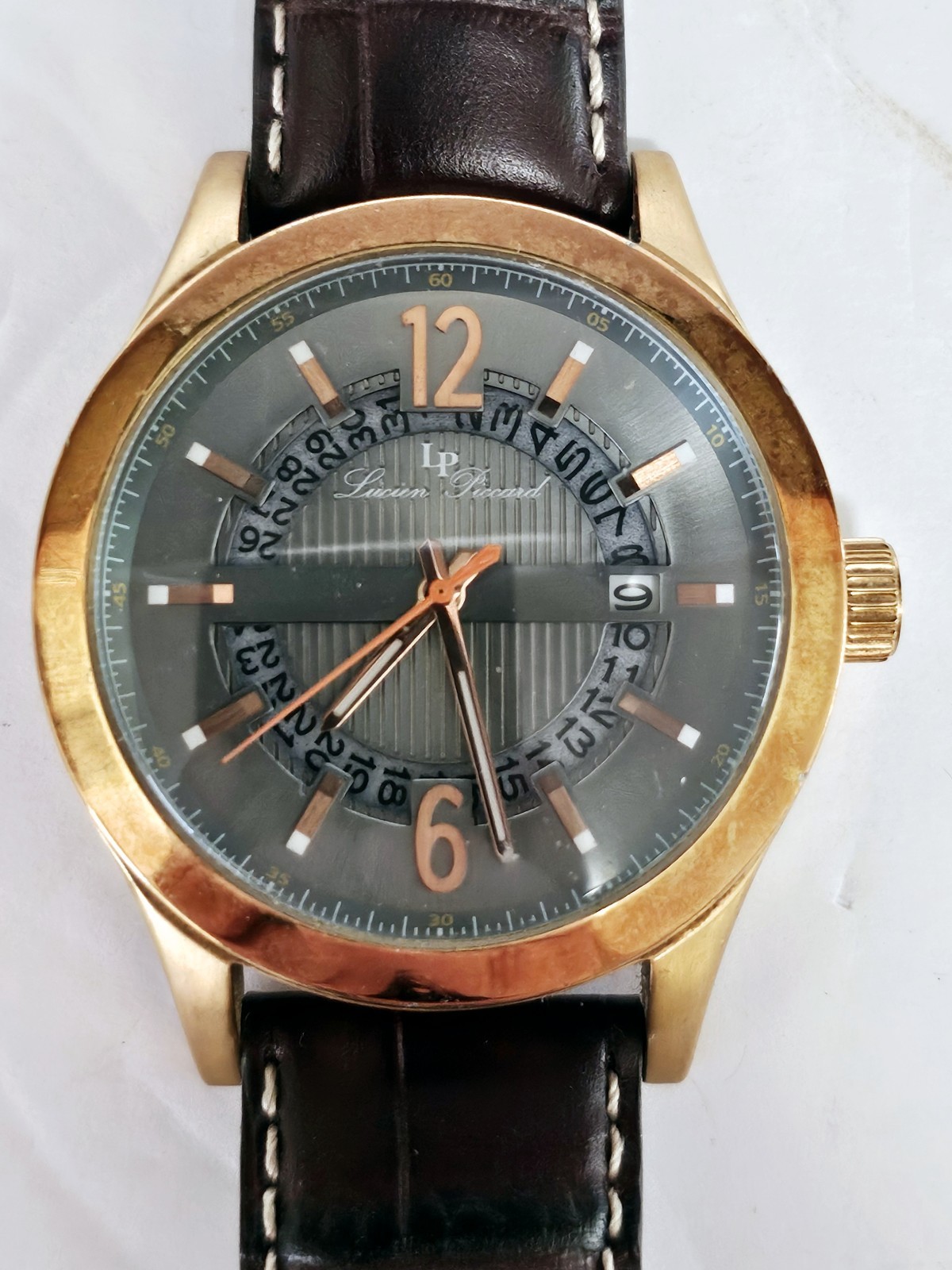 Lucien Piccard Men’s ‘Oxford’ Quartz Stainless Steel Brown Leather Band