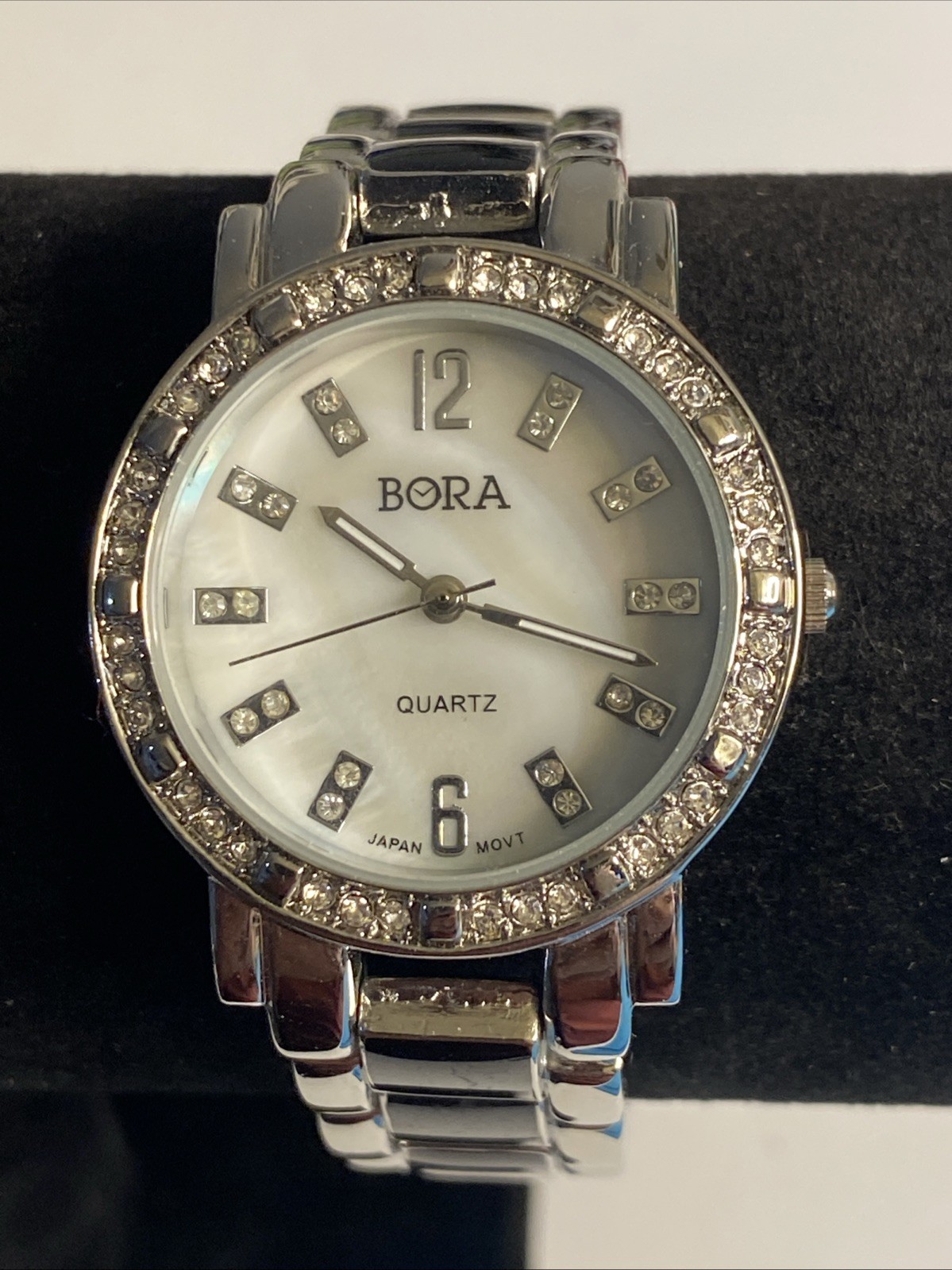 Bora Unisex Black & Silver Tone New Battery Mother of Pearl Face