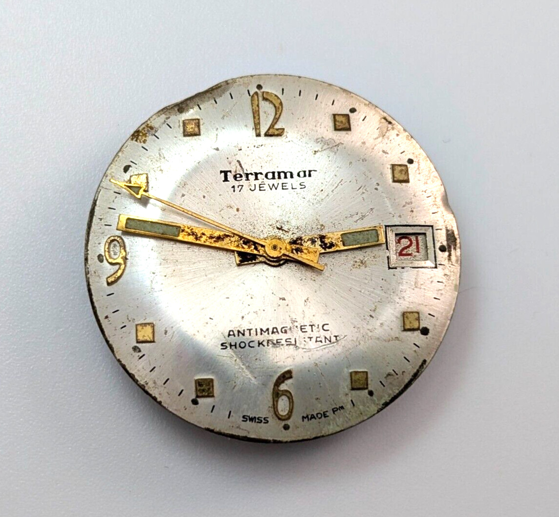 Vintage TERRAMAR Calendar 17j Arrow Sweep 28mm Watch Movement PARTS or REPAIR