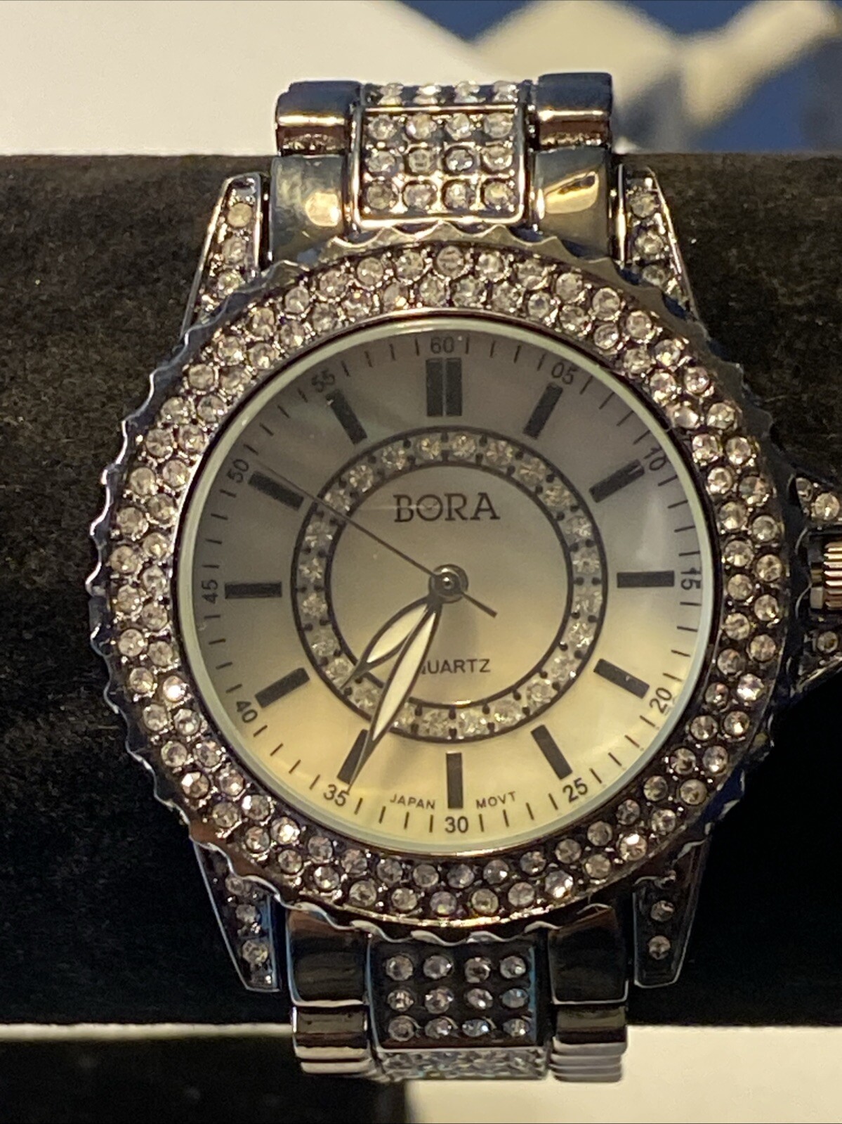 BORA Women’s Watch Gun Metal Tone With Rhinestones New Battery