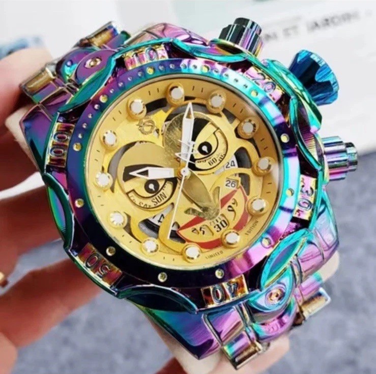 Luxury Joker Style Clown Face Oversized Stainless Steel Watch Iridescent Color