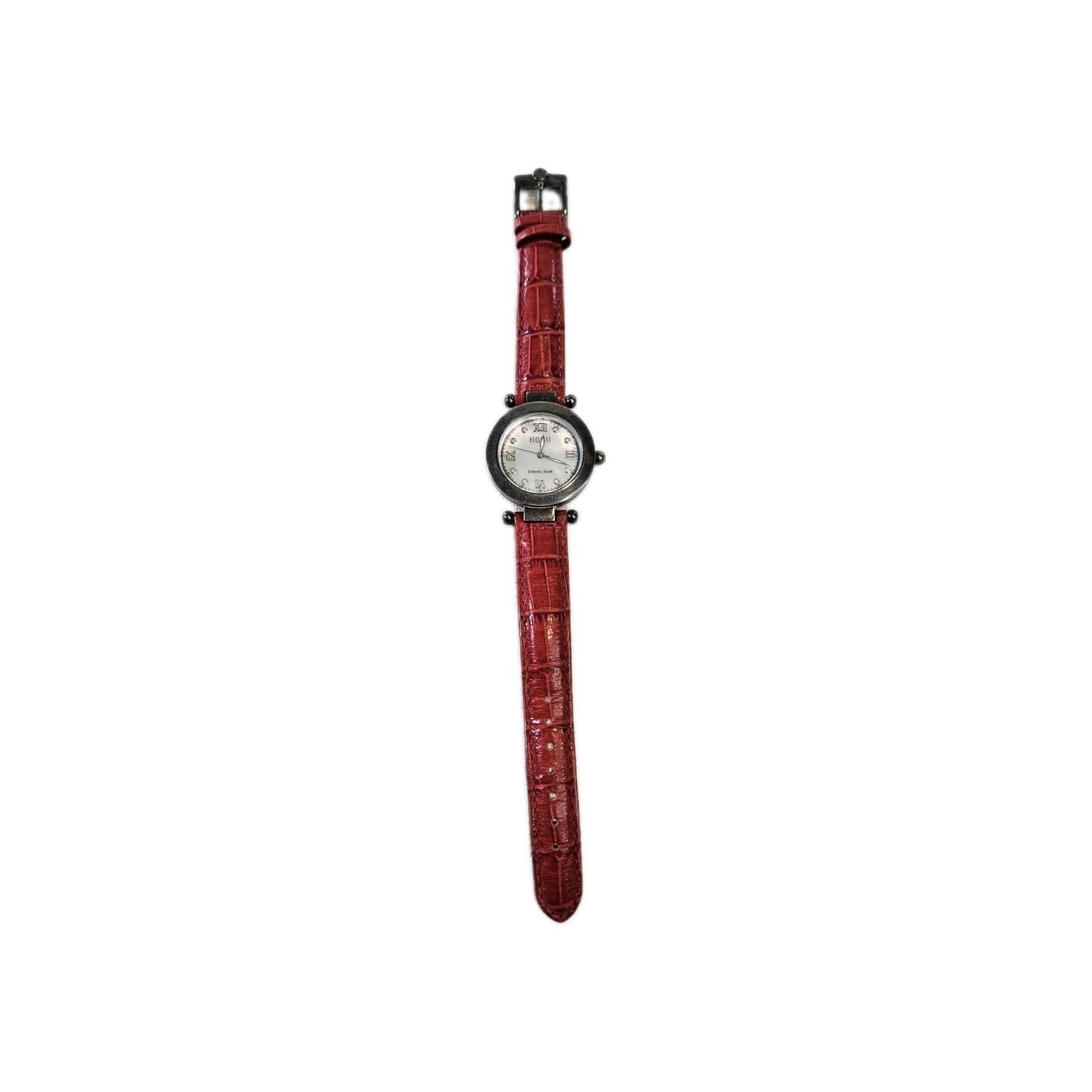 Ecclissi Sterling Silver 925 Case Mother Pearl Face Red Leather New Battery