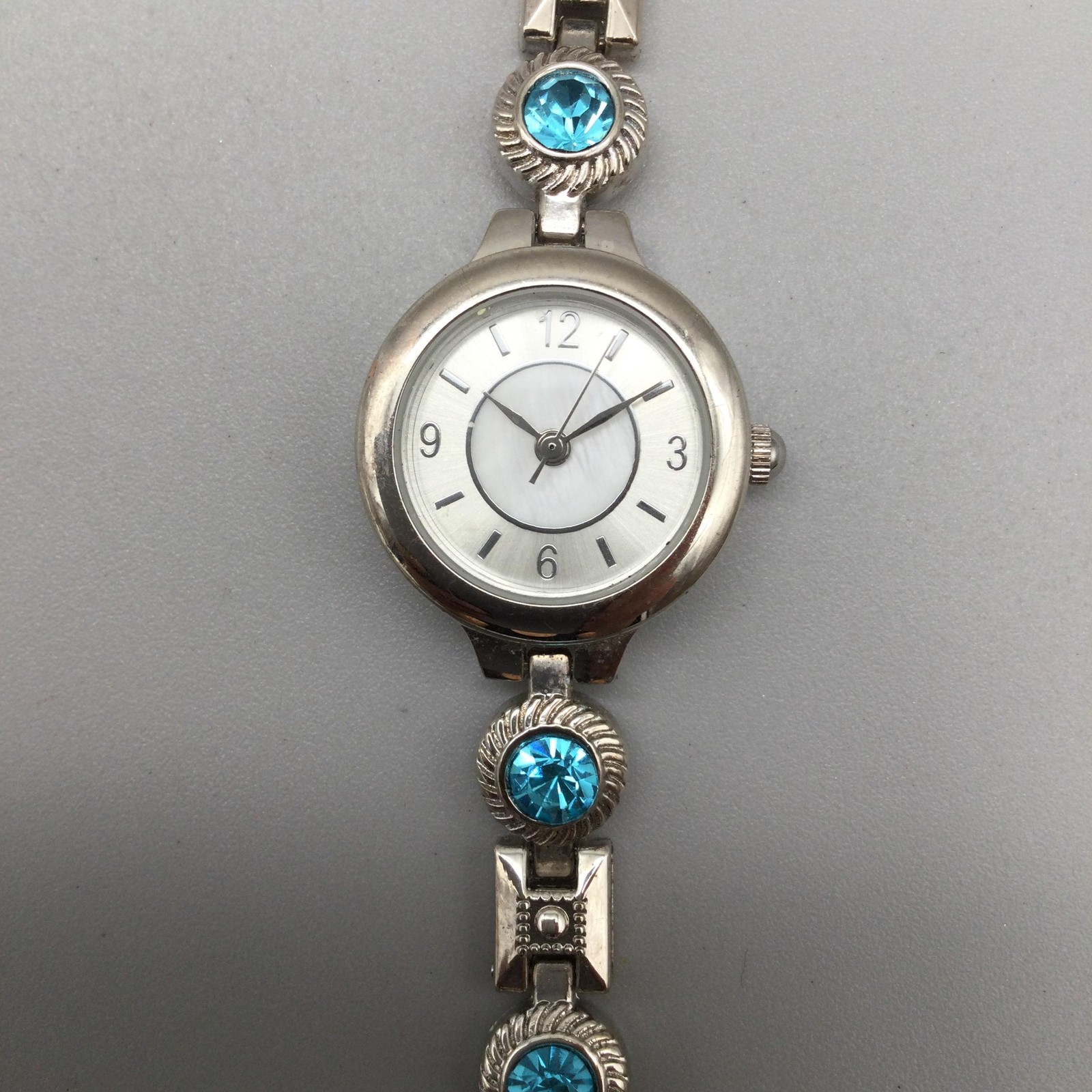 Allude Womens Watch 22mm Silver Tone Blue Rhinestone Bracelet New Battery 7.5″
