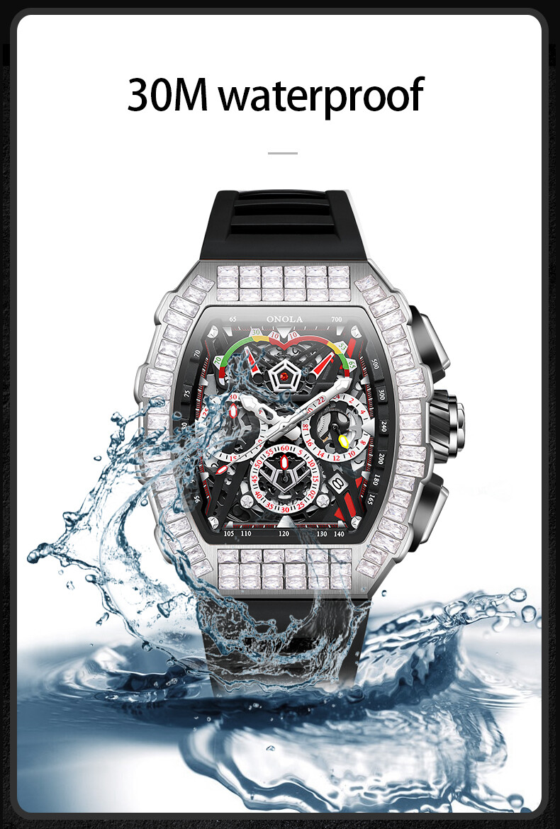 ONOLA Tonneau Hollow Pavé CZ Multifunction Week/Month Automatic Mechanical Watch