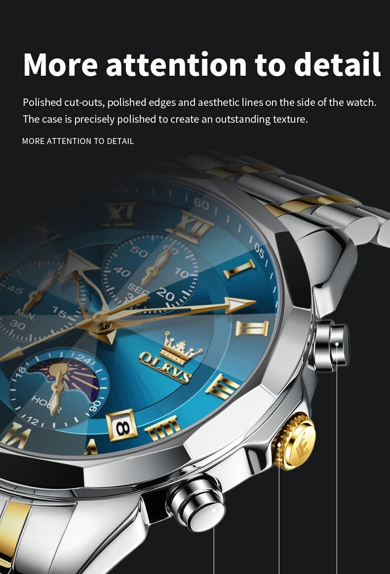 OLEVS Waterproof Watch Men’s Quartz Luminous Luxury Steel Stainless Men Strap