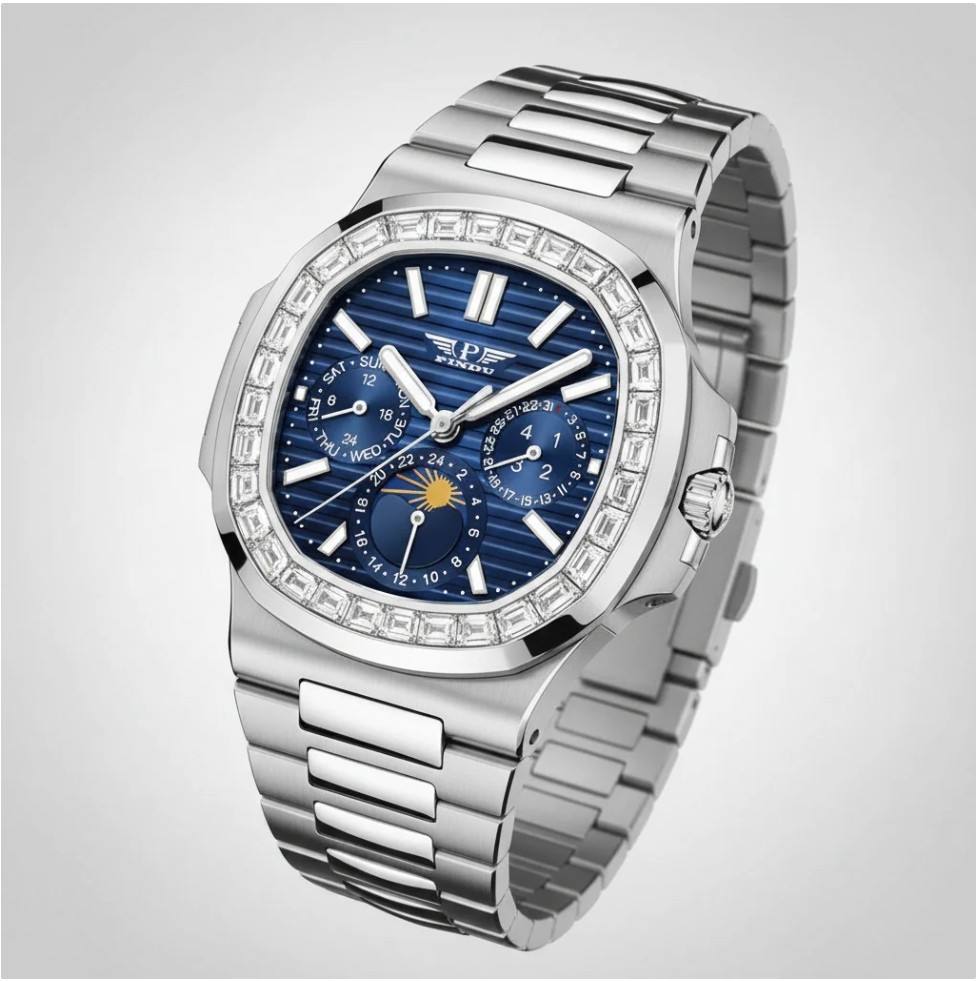 🔥USA🔥PINDU P6502 Men’s Automatic Blue Watch Square Diamond Moon phase