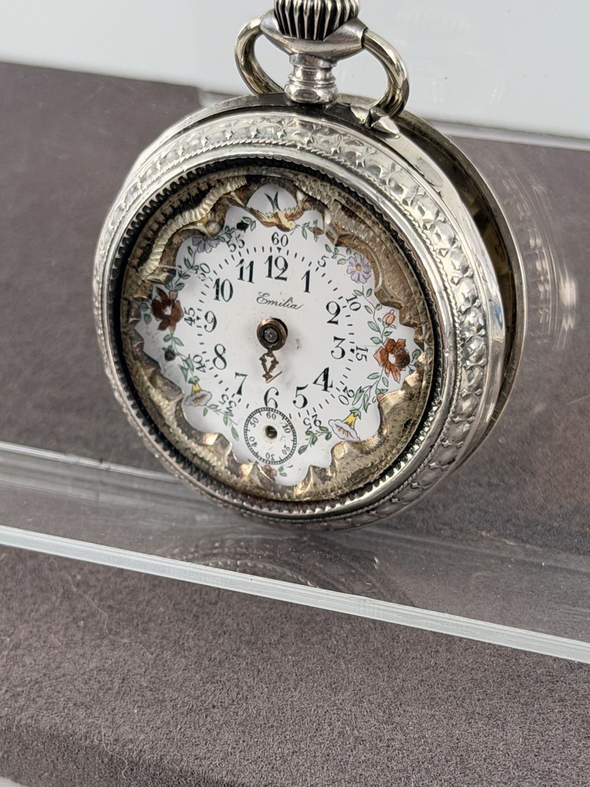 Antique Emilia Swiss Silver Pocket Watch .800 Floral Fancy Dial For Parts Repair