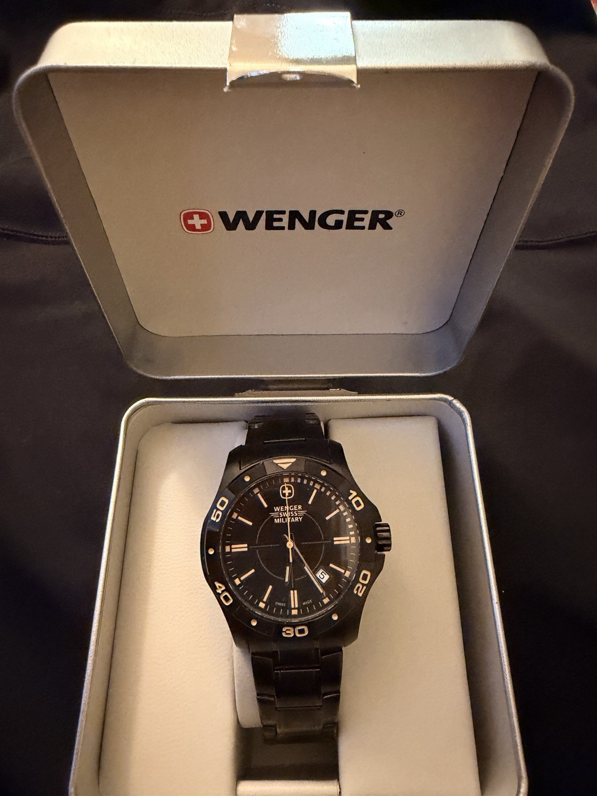 Wenger Swiss Military Quartz Date Black Dial Black Stainless Steel Bracelet