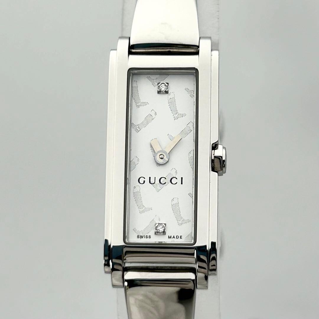 GUCCI 109 Bangle Watch Silver Dial 2 Diamond Quartz Ladies Swiss Box 17cm