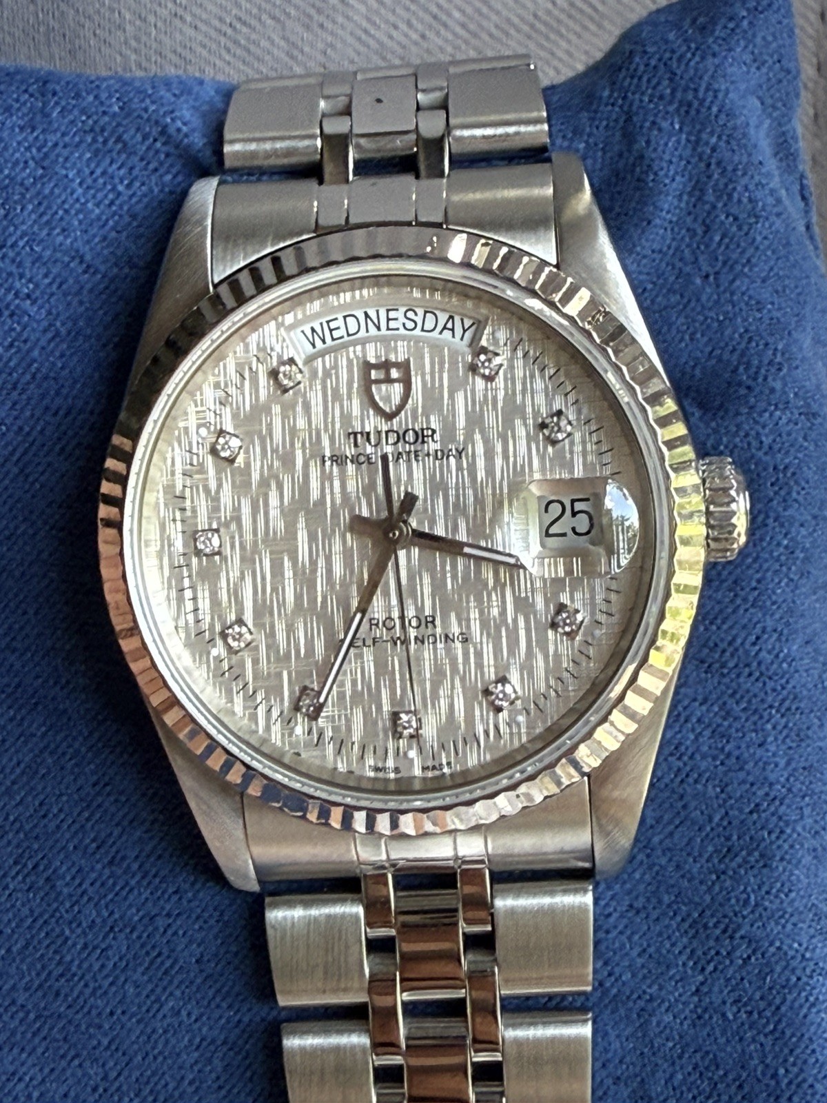 TUDOR Prince Date + Day 36mm #76214 18k White Gold Bezel – Diamond Linen Dial