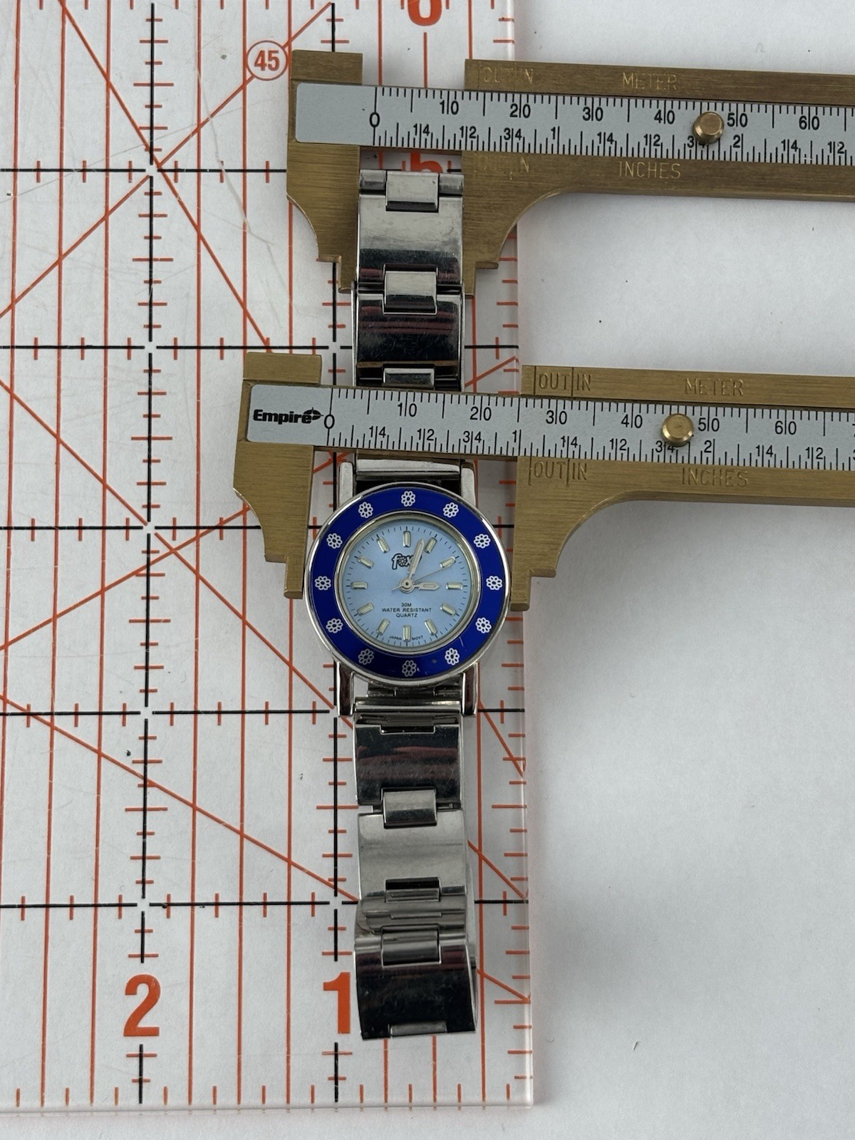 Foxy 28mm Silver Tone Blue Bezel-Dial Quartz Watch w/Bracelet & New Battery