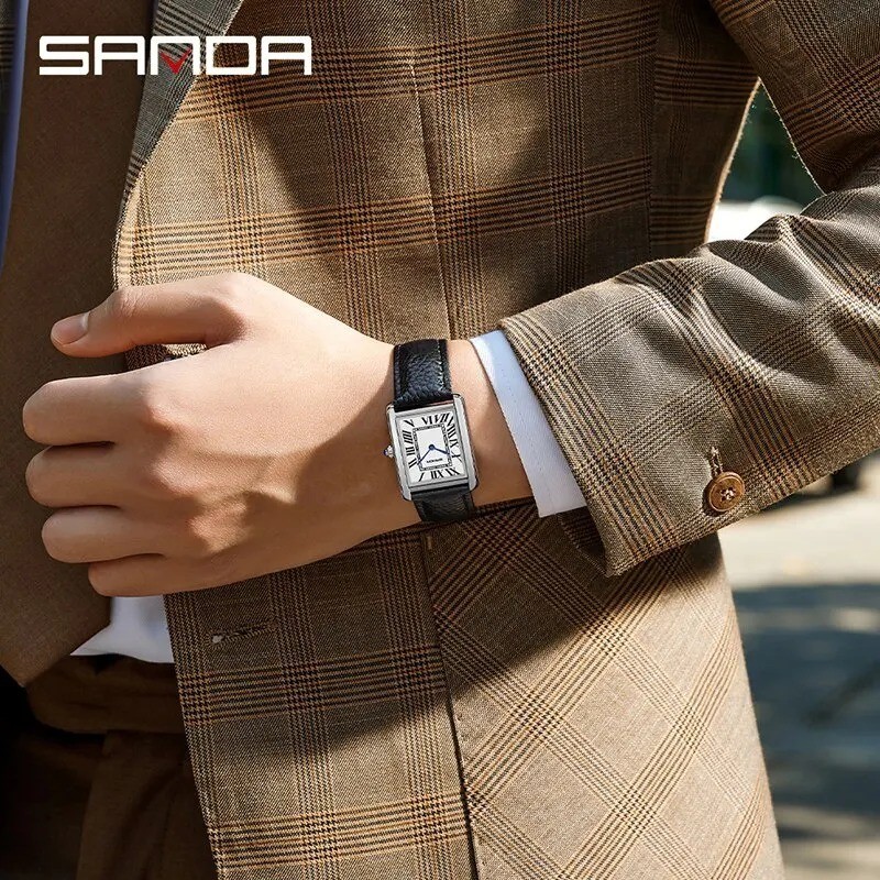 Sanda Watch Tank Style Men’s Quartz Stainless Steel Deployant Clasp NEW