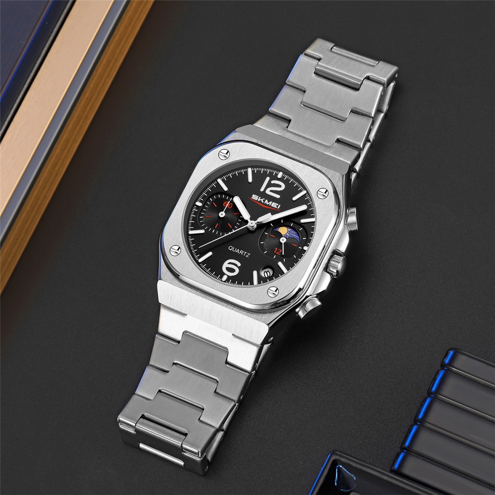 SKMEI Men Quartz Watch Multifunction Stopwatch Gold Steel Wristwatch Male Watch