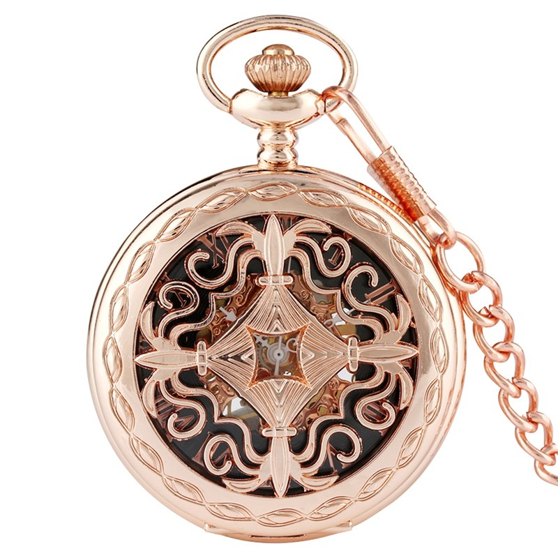Steampunk RoseGold Skeleton Mechanical Pocket Watch Roman Dial Wedding Gift