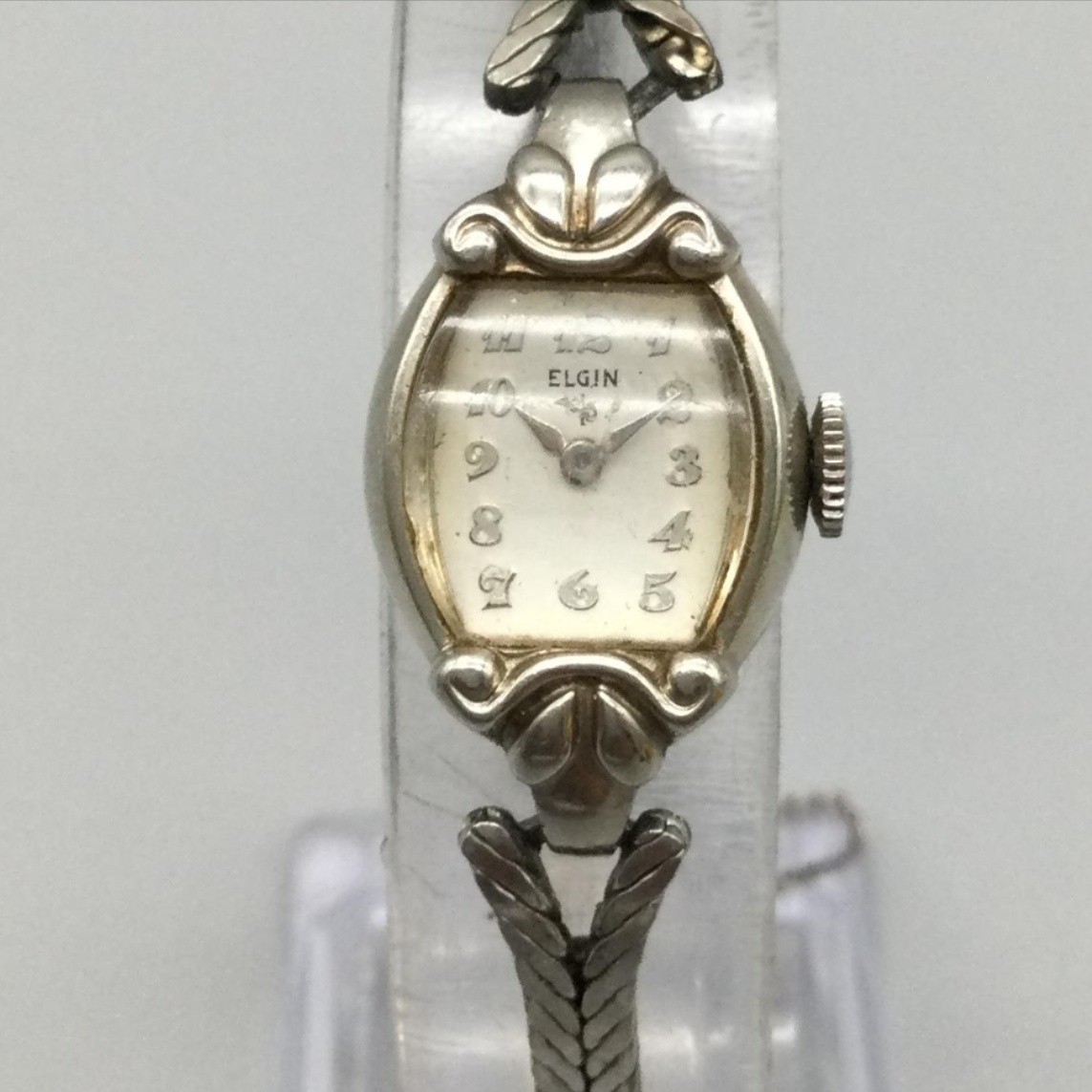Vintage Elgin Womens Watch 14mm 10K RGP Bezel Silver Tone Manual Wind 6.5″