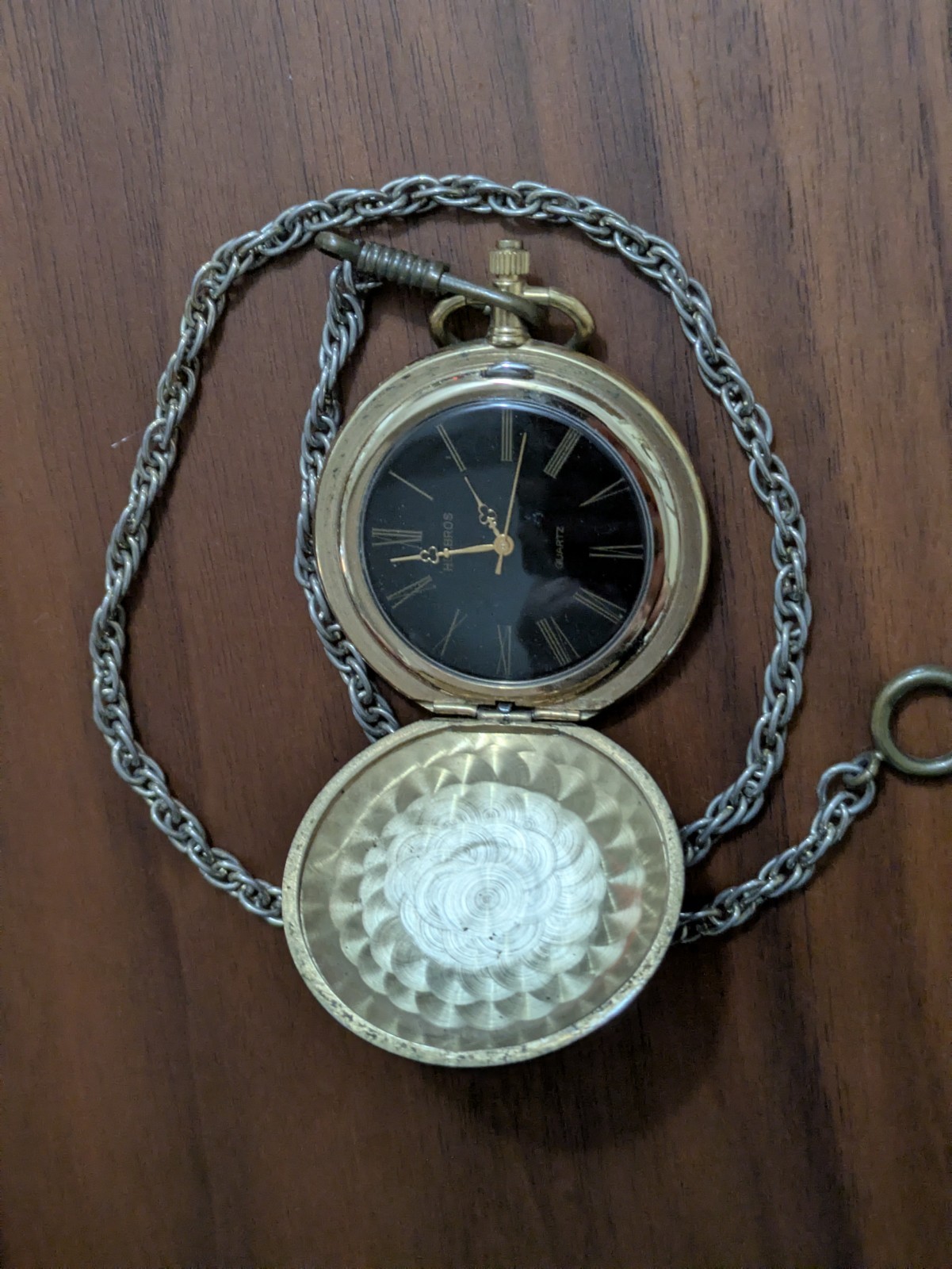 Vintage (1990s) Helbros Black & Gold Quartz Pocket Watch with Chain