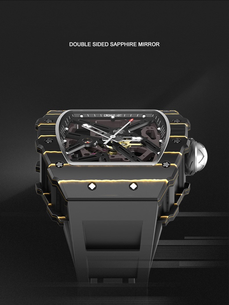 CRONUSART Men Automatic Watch Tonneau Mechanical Wristwatch Carbon Fiber Case