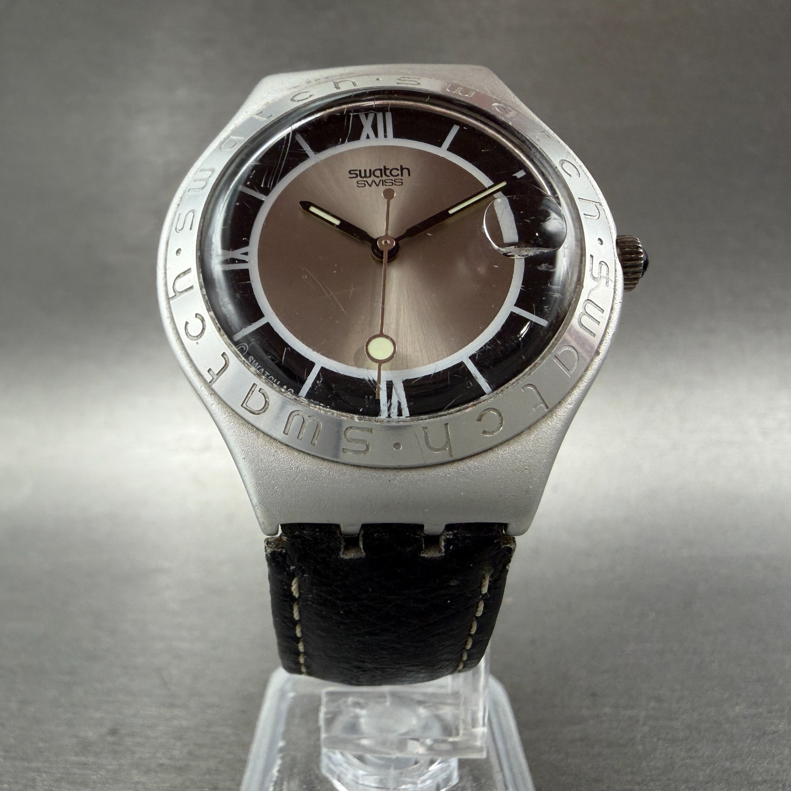 Swatch Irony Big Smoking Watch Men 37mm Gray Dial Aluminum Date Round New Batt