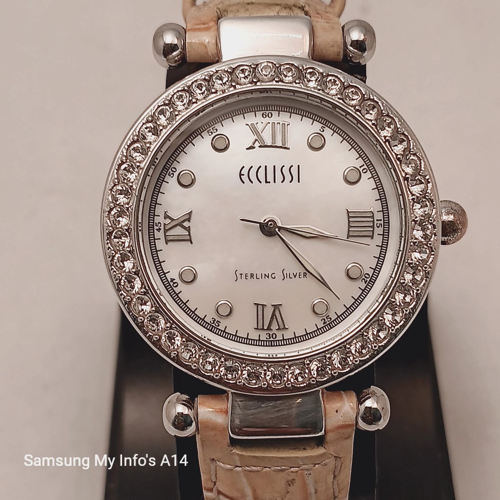 ECCLISSI Ladies Sterling Silver Quartz Movement Swarovski Bezel Leather Watch