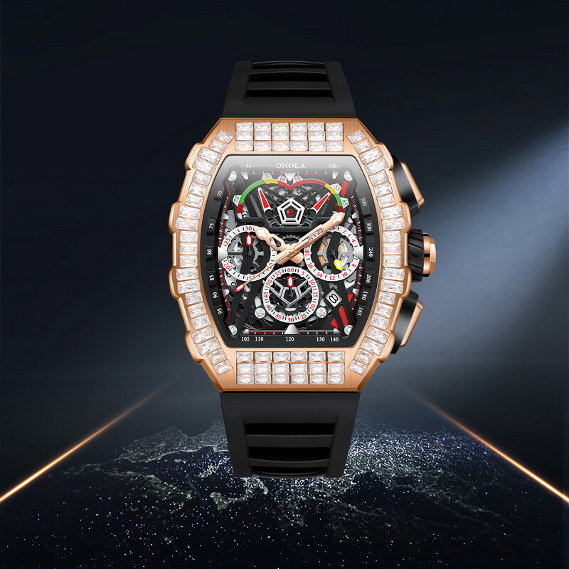 ONOLA Tonneau Hollow Pavé CZ Multifunction Week/Month Automatic Mechanical Watch