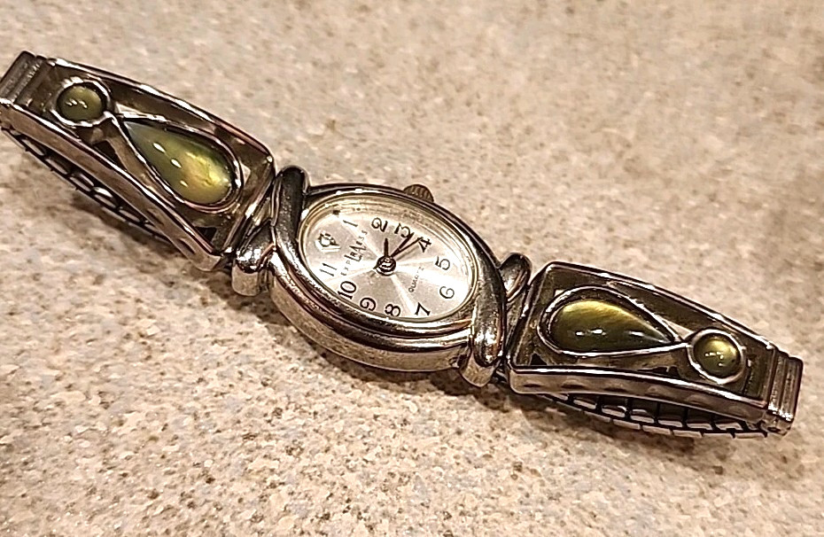 Vintage Silver Stretch Watch Green Yellow Cats Eye Moonstone Quartz LA EXPRESS