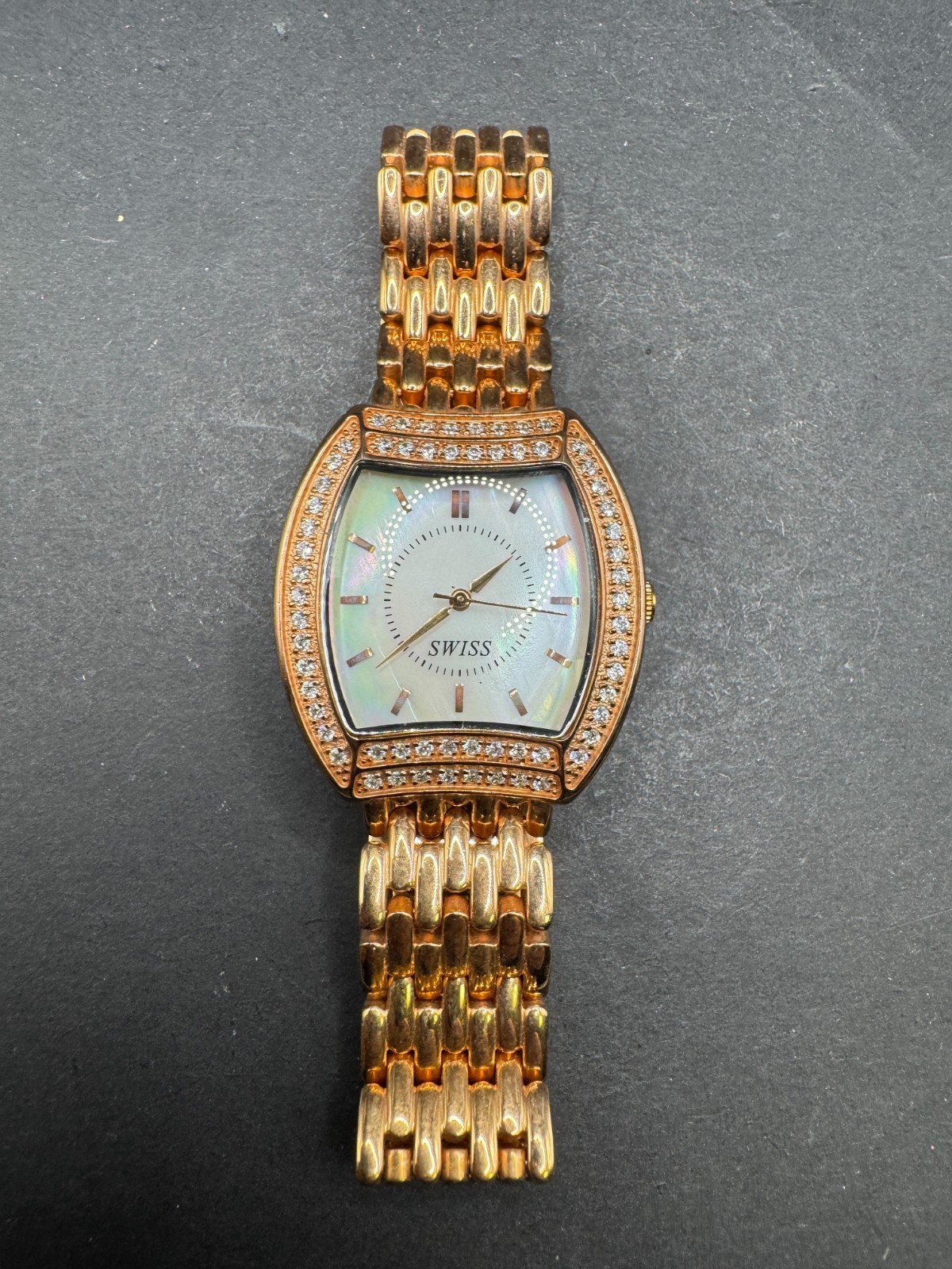Diamonique(R) Tonneau-Shape Rose Gold Tone MOP Dial Watch Swiss Movement 30MM