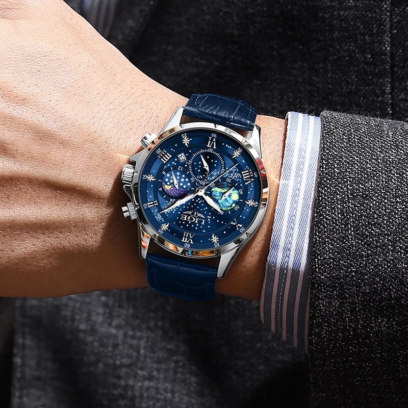 LIGE Luxury Quartz Men’s Watch Leather Strap Date Waterproof Luminous Wristwatch