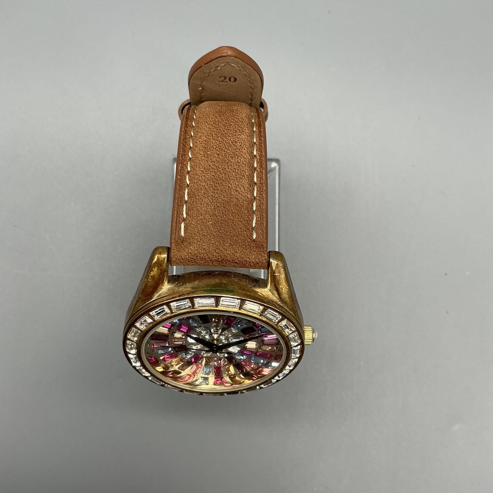 Adrienne Womens Watch 41mm Multicolor Gem Dial Gold Tone Brown Strap New Battery