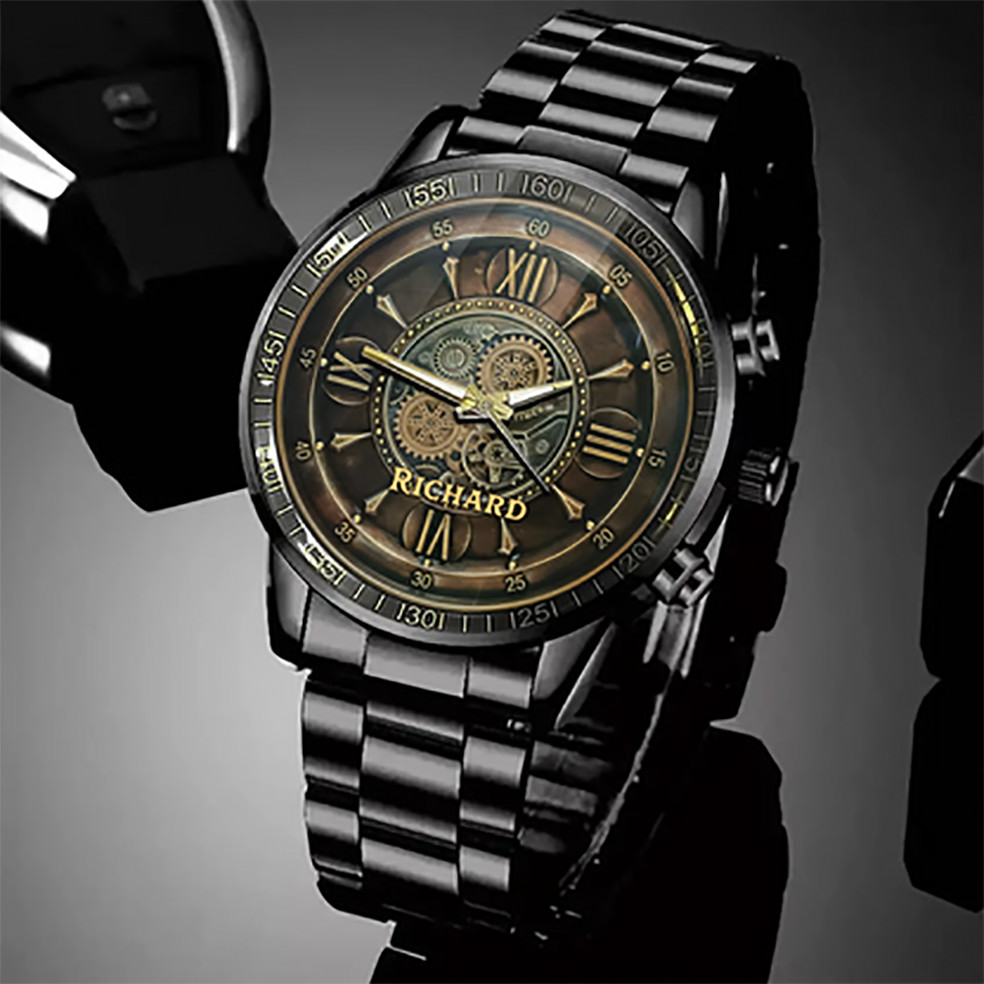Personalized Industrial Steampunk Stainless Steel Wristwatch – Custom Name
