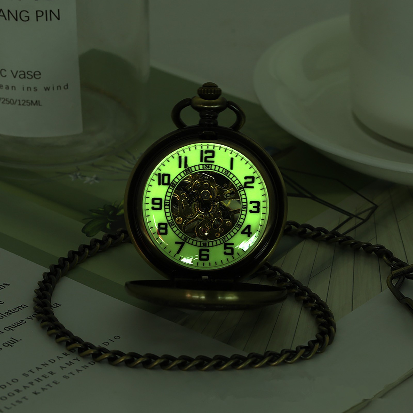 Mens Luxury Vintage Mechanical Black Steampunk Skeleton Pocket Watch with Chain