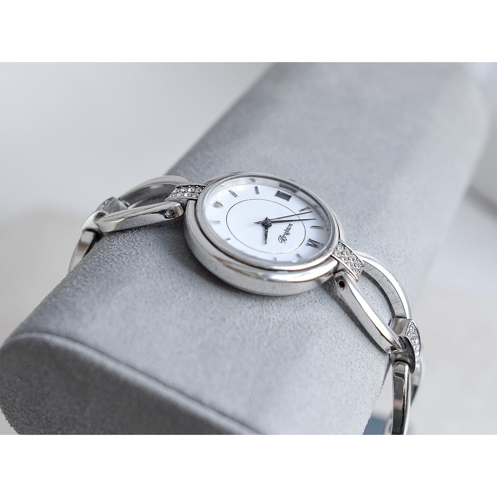 Brighton Meridian Swing Pave Crystal Band Watch Silver Plated Fold Over Clasp