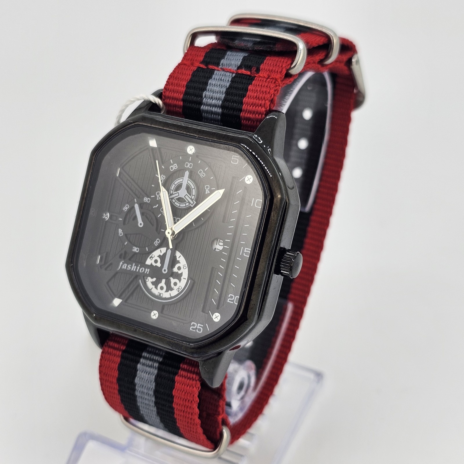 42MM Men’s Watch Black Dial Date Red Black Gray Canvas Band Strap New Battery
