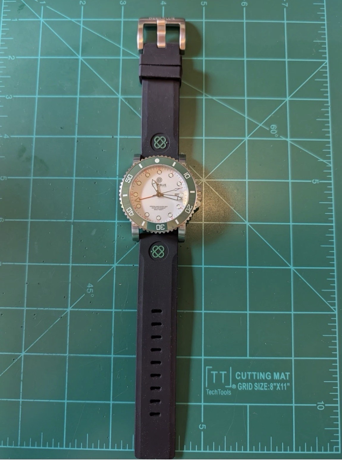 DEEP BLUE GREEN LAND 44MM DIVER GMT 2 TIME ZONE Swiss QUARTZ CERAMIC Bezel WATCH