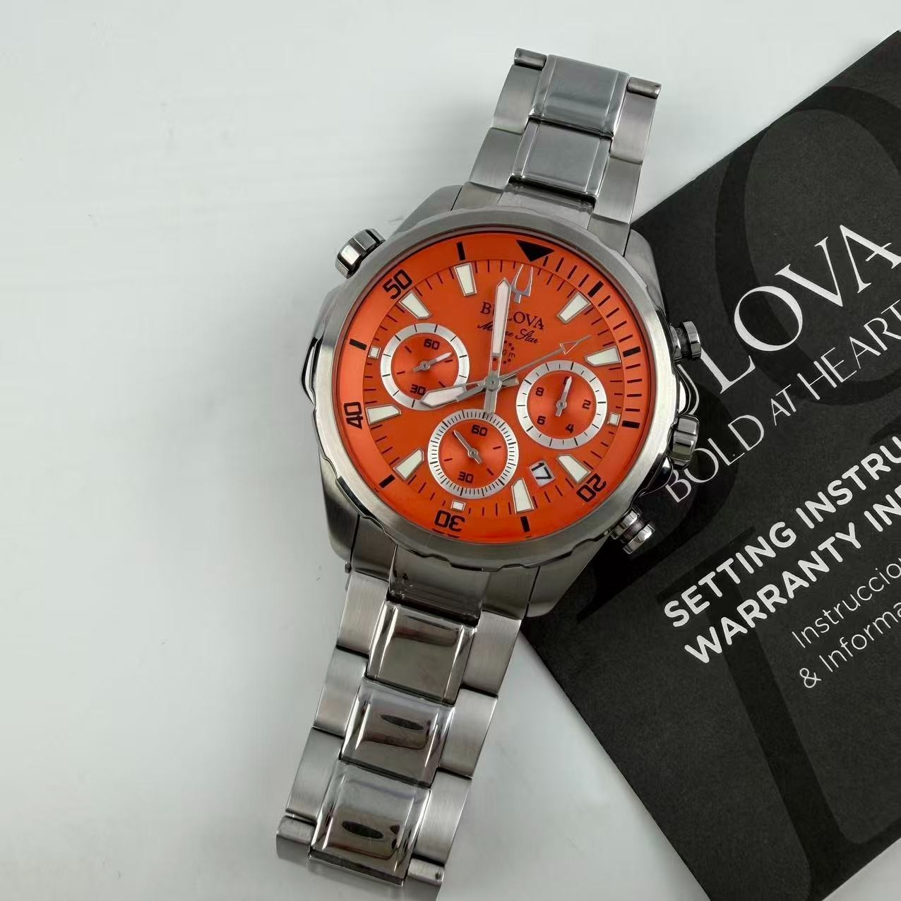 Bulova Marine Star 96B395 Men’s Chronograph Quartz Watch Orange Dial 44 mm