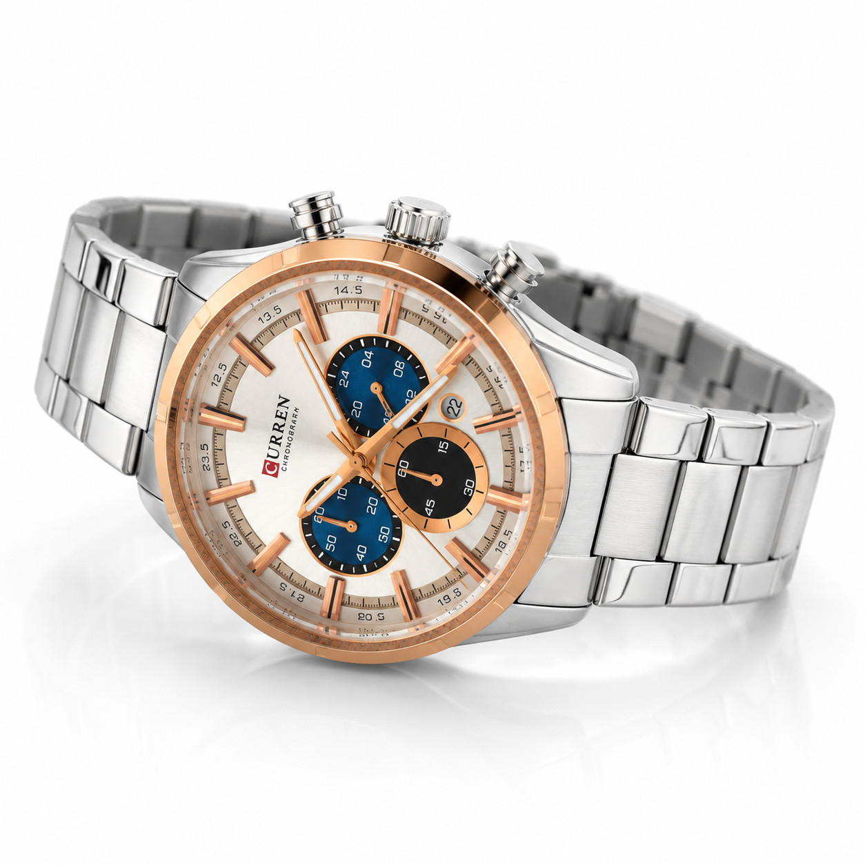 CURREN Chronograph Watch Men’s Silver Rose Gold Stainless Steel 47mm