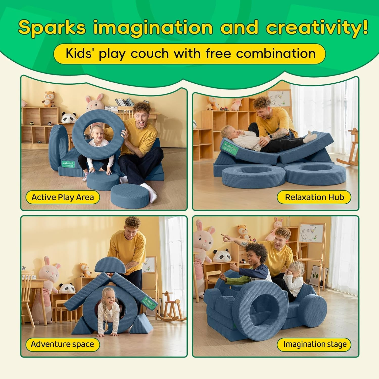 16Pcs Modular Kids Play Couch for Toddlers, Fold Out Kids Couch Building Fort fo